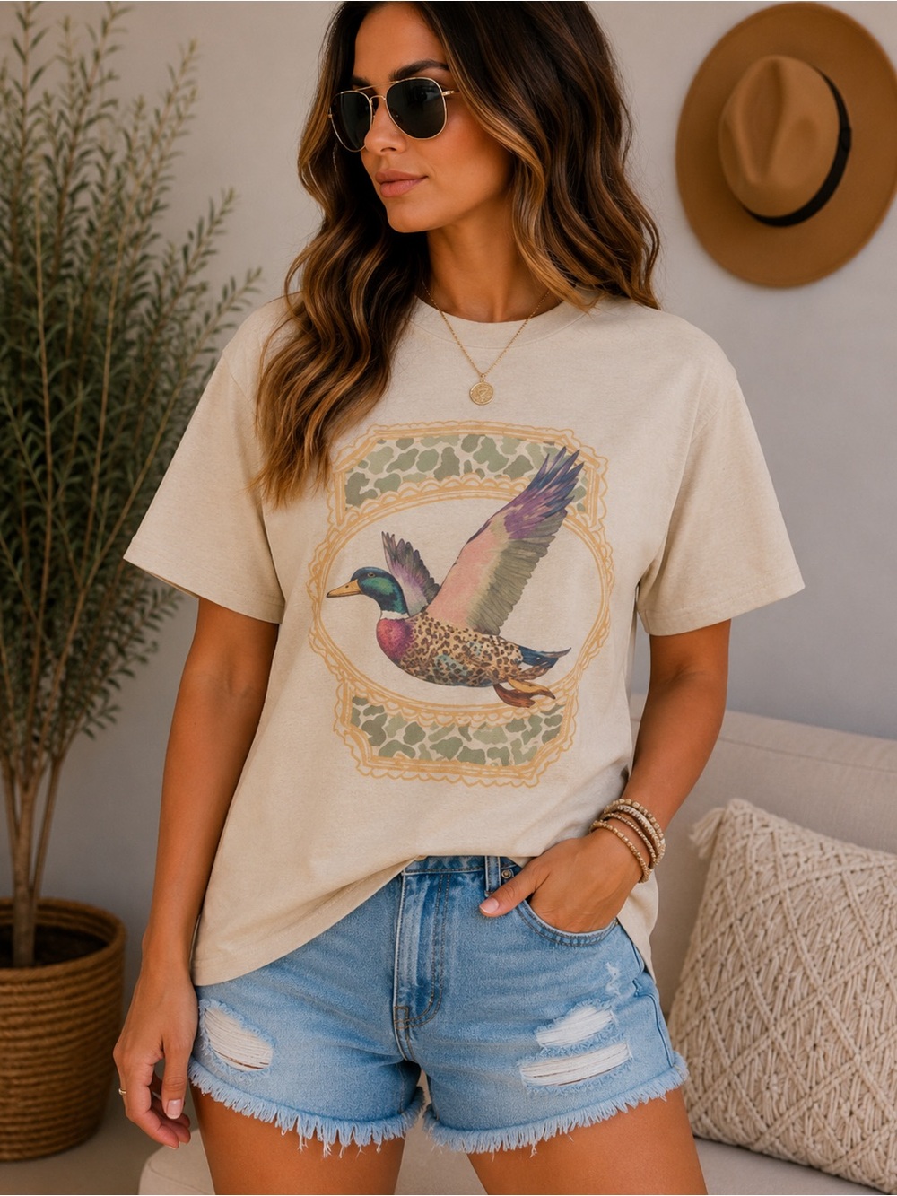 Mallard Duck with Camo Graphic Tee - Tan